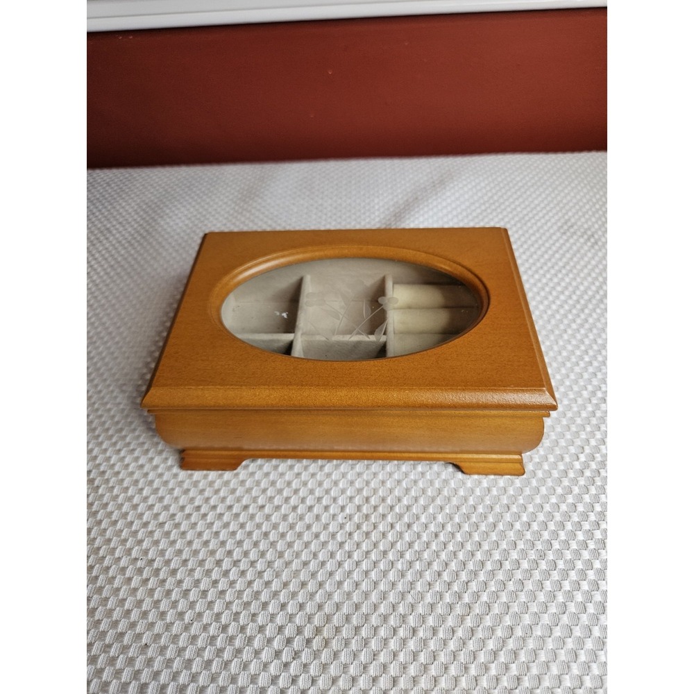 Vtg 90s Golden Oak Wood Jewelry Box w/ Etched Glass Oval Window Cottage Core